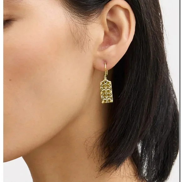 NEW COACH Logo Quilted Drop Earrings Goldtone - Picture 2 of 4
